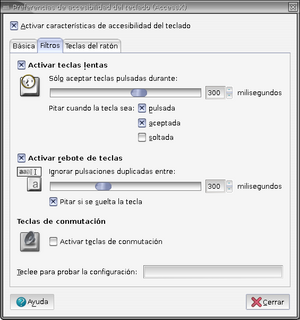 ventana de configuración de teclas lentas, rebote
	y conmutación en el módulo de
	accesibilidad del teclado de Gnome