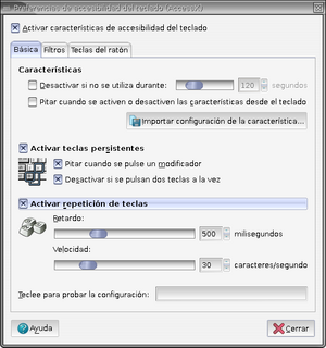 ventana de activación del módulo de
	accesibilidad del teclado de Gnome, de configuración de teclas
	persistentes y de repetición de teclas